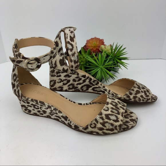 J. Crew Leopard Print Metallic Laila Low Wedge Ankle Strap Sandals 6.5 - Picture 1 of 12